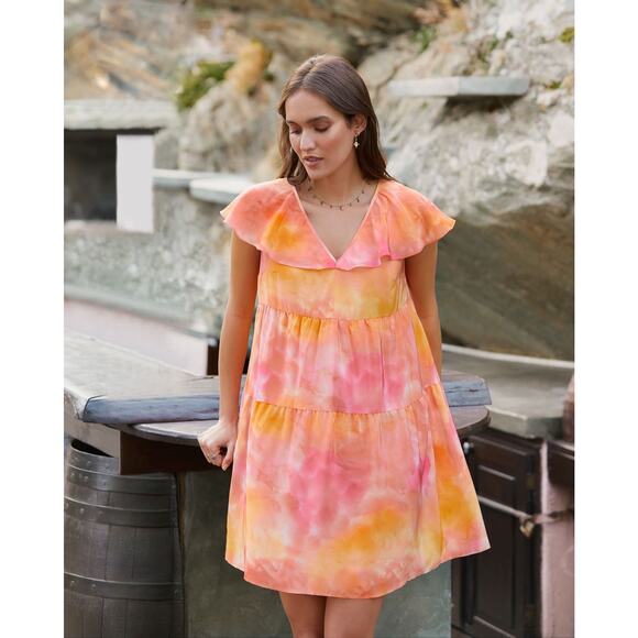 Soi Paris Dresses & Skirts - SOI PARIS Tie Dye Silk Babydoll Mini Dress Pink Orange 40 6 8